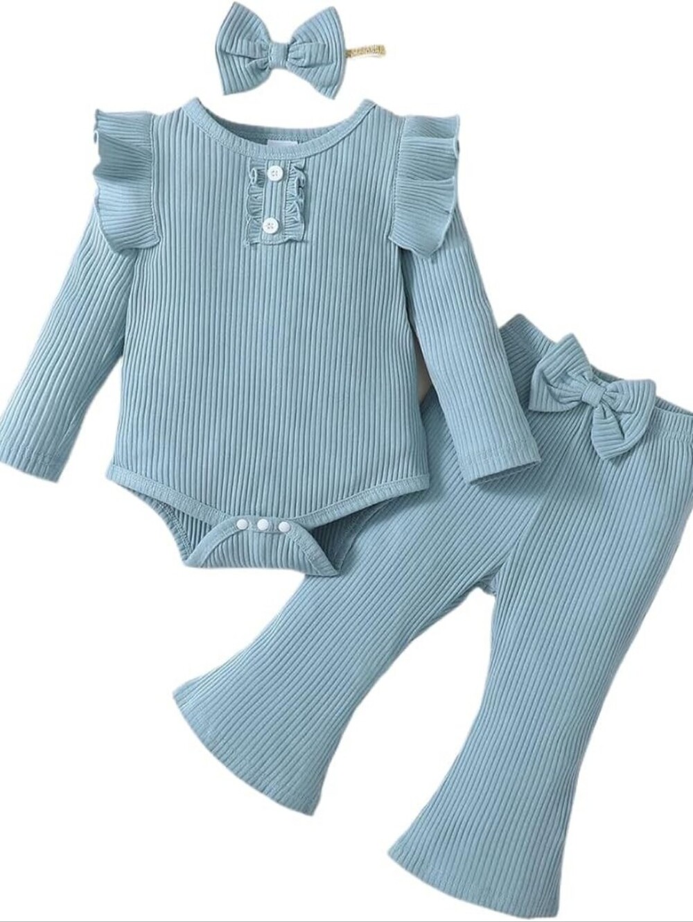 Baby Girls 6-12M Ribbed Ruffle Bodysuit Bell Bottom Pants 3 Piece Outfit